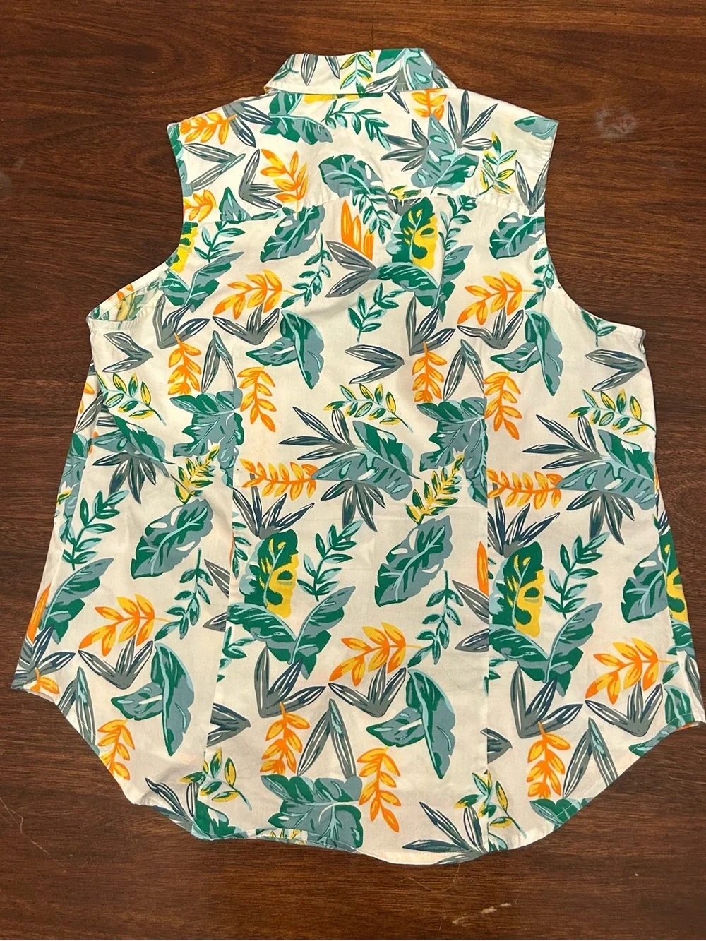 J. Crew Sleeveless Button-Front Tropical Leaf Blouse in White, Green, Yellow